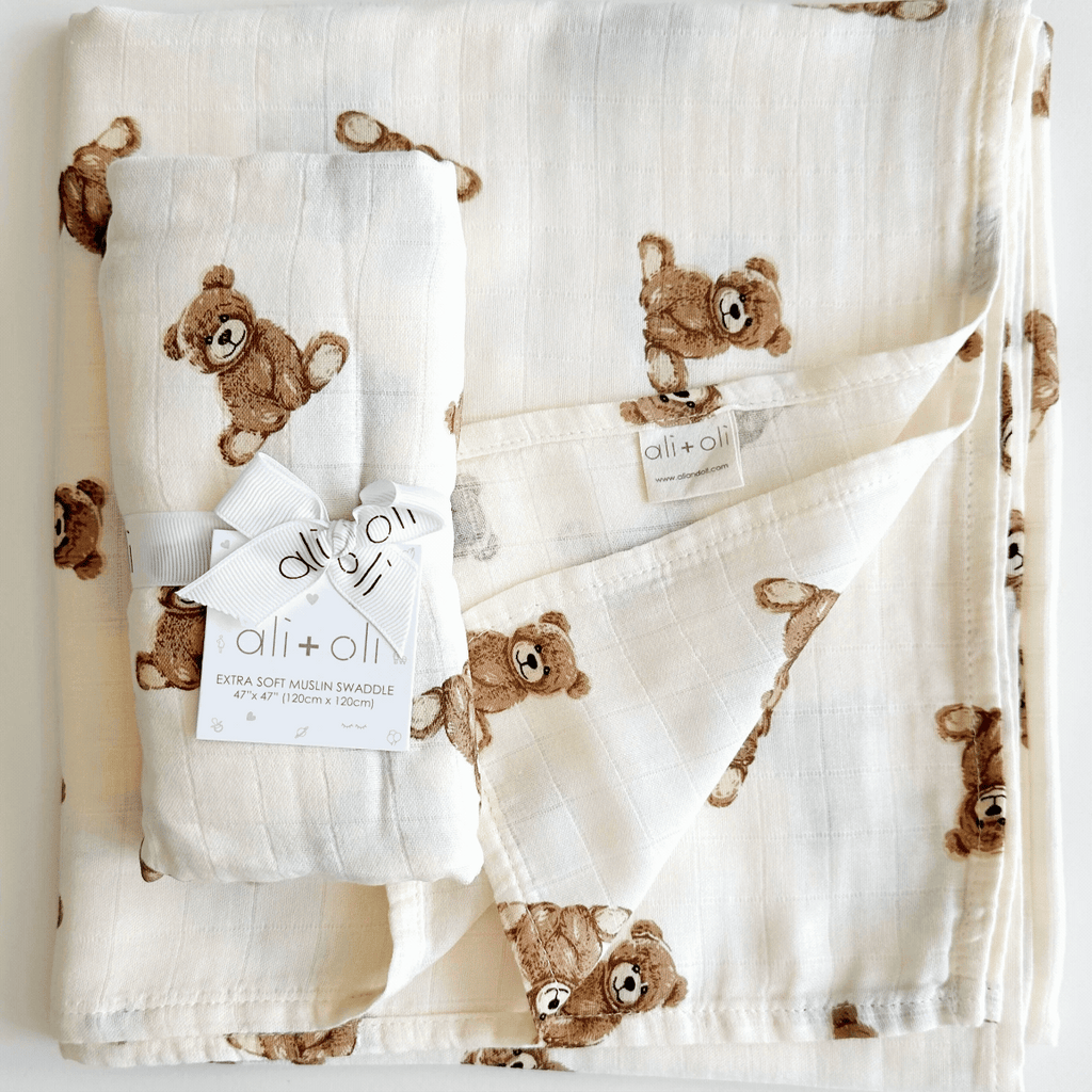 Bamboo Muslin Swaddle Baby Blanket (Teddy Bear)